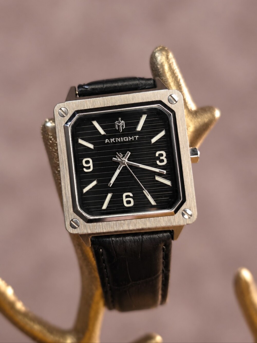 AKNIGHT Square Black Dial Quartz Watch – 35mm - Black Leather Strap - Unisex